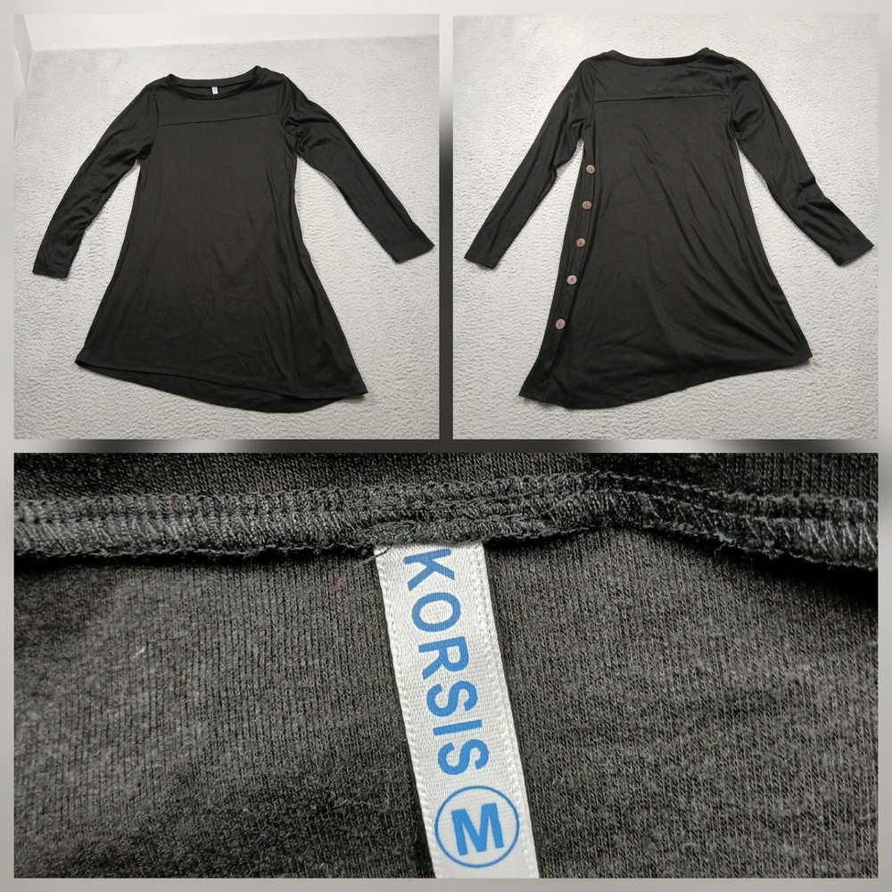 Korsis Swing Dress‎ Women's M Black Long Sleeve Button Back A-Line